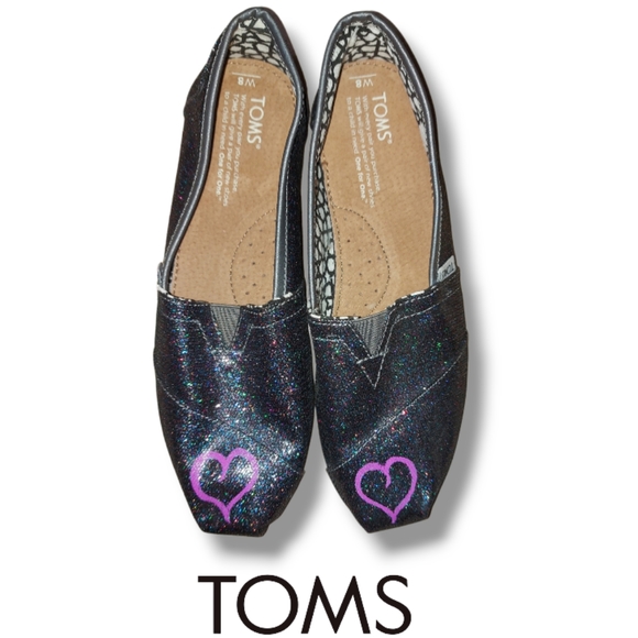 🔖 Toms Black Glitter Flats with Purple Heart - Picture 1 of 10